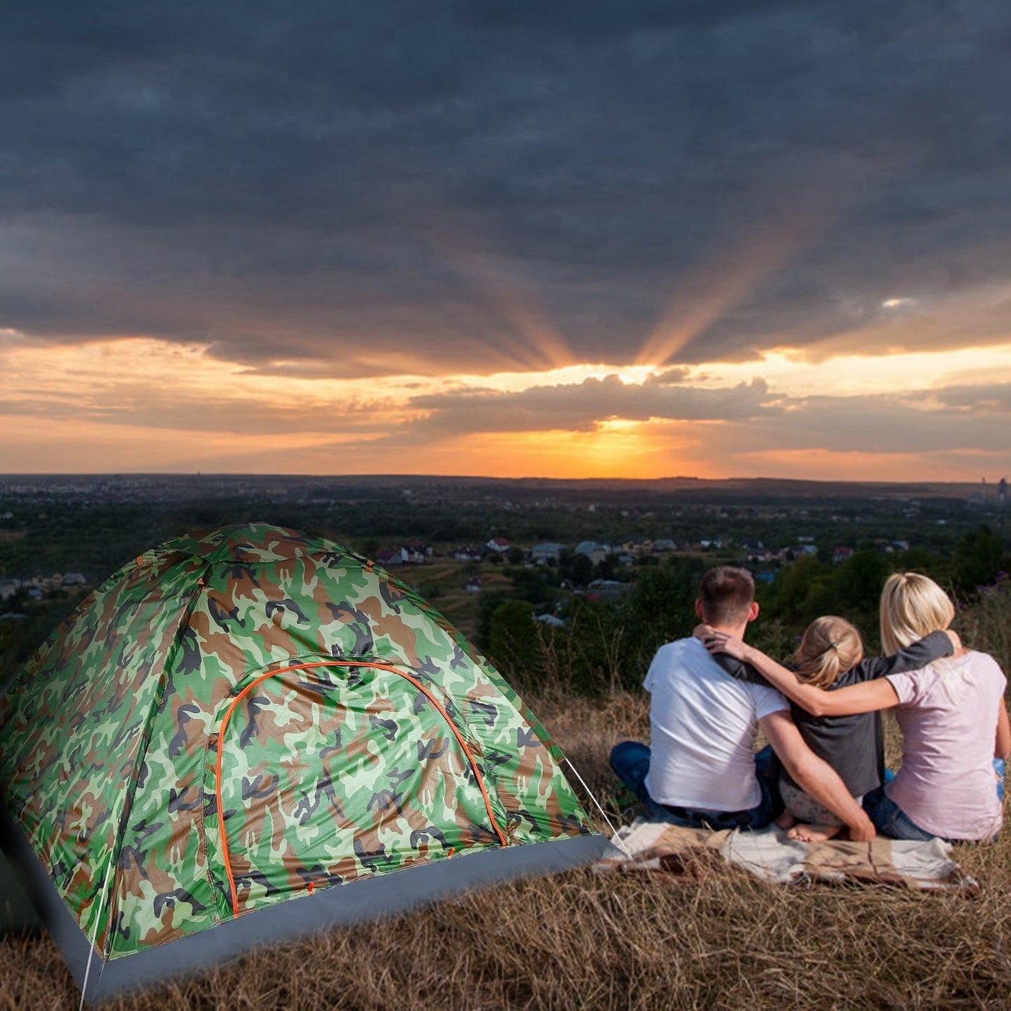GemGear camo 4-person pop-up tent with waterproof fabric and mosquito nets set on grass at sunset on Tampa Home & Garden Store