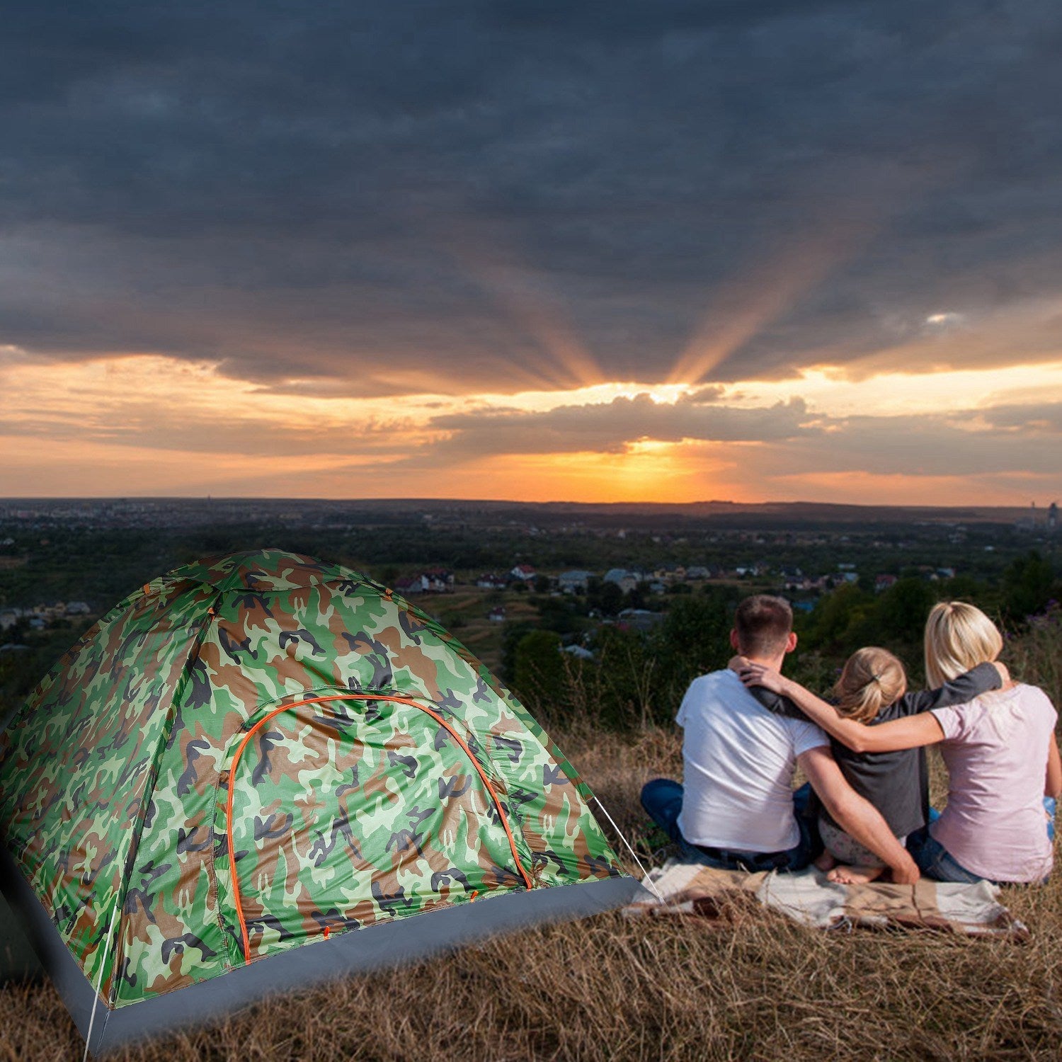 GemGear camo 4-person pop-up tent with waterproof fabric and mosquito nets set on grass at sunset on Tampa Home & Garden Store