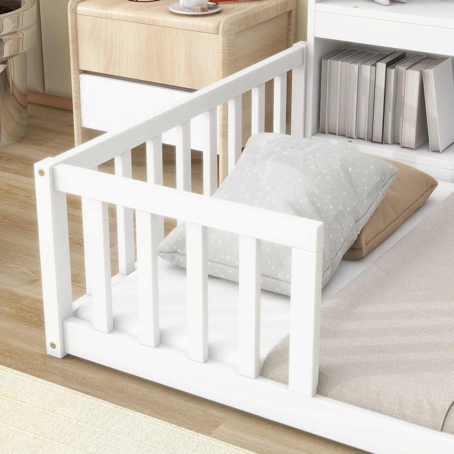 Floor Bed with Bedside Bookcase and Guardrails