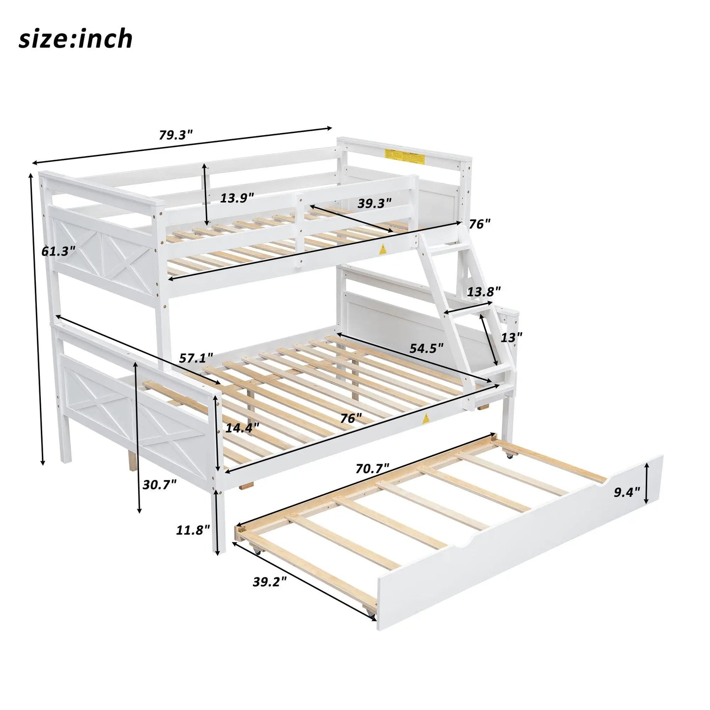 Bunk bed with ladder and safety guardrail, white wood, slatted beds, Unique Piece Furniture on Tampa Home & Garden Store