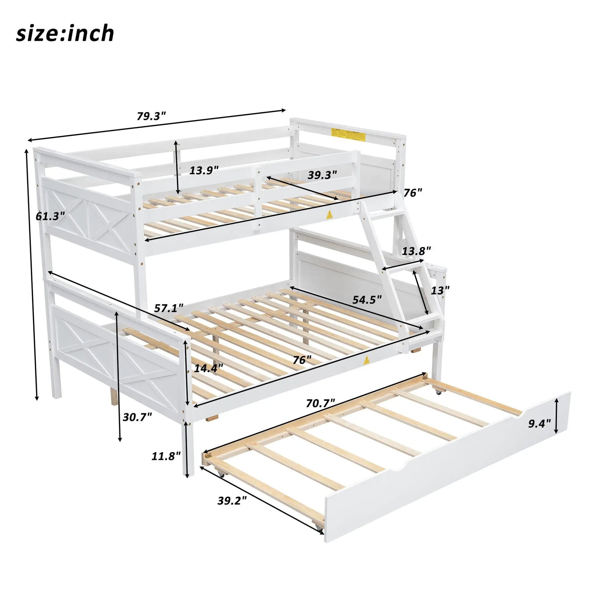 Bunk bed with ladder and safety guardrail, white wood, slatted beds, Unique Piece Furniture on Tampa Home & Garden Store