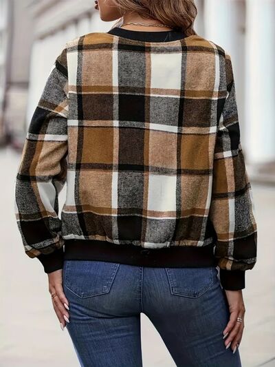 Plus Vintage Plaid Baseball Collar Zip-Up Jacket Stevvex, brown tan black white plaid jacket on Tampa Home & Garden Store