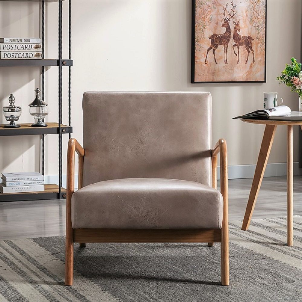 Classic mid-century modern armchair with open wooden frame and taupe cushioning on Tampa Home & Garden Store