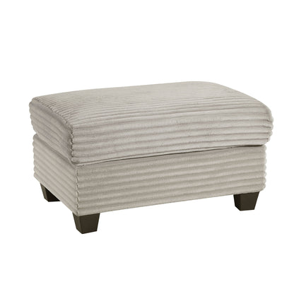 Upholstered beige ribbed ottoman with dark wood legs on Tampa Home & Garden Store