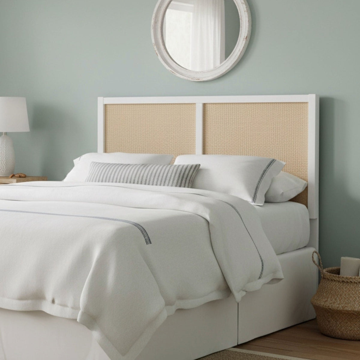 Cane headboard with adjustable height; white frame and light brown woven cane panels on Tampa Home & Garden Store
