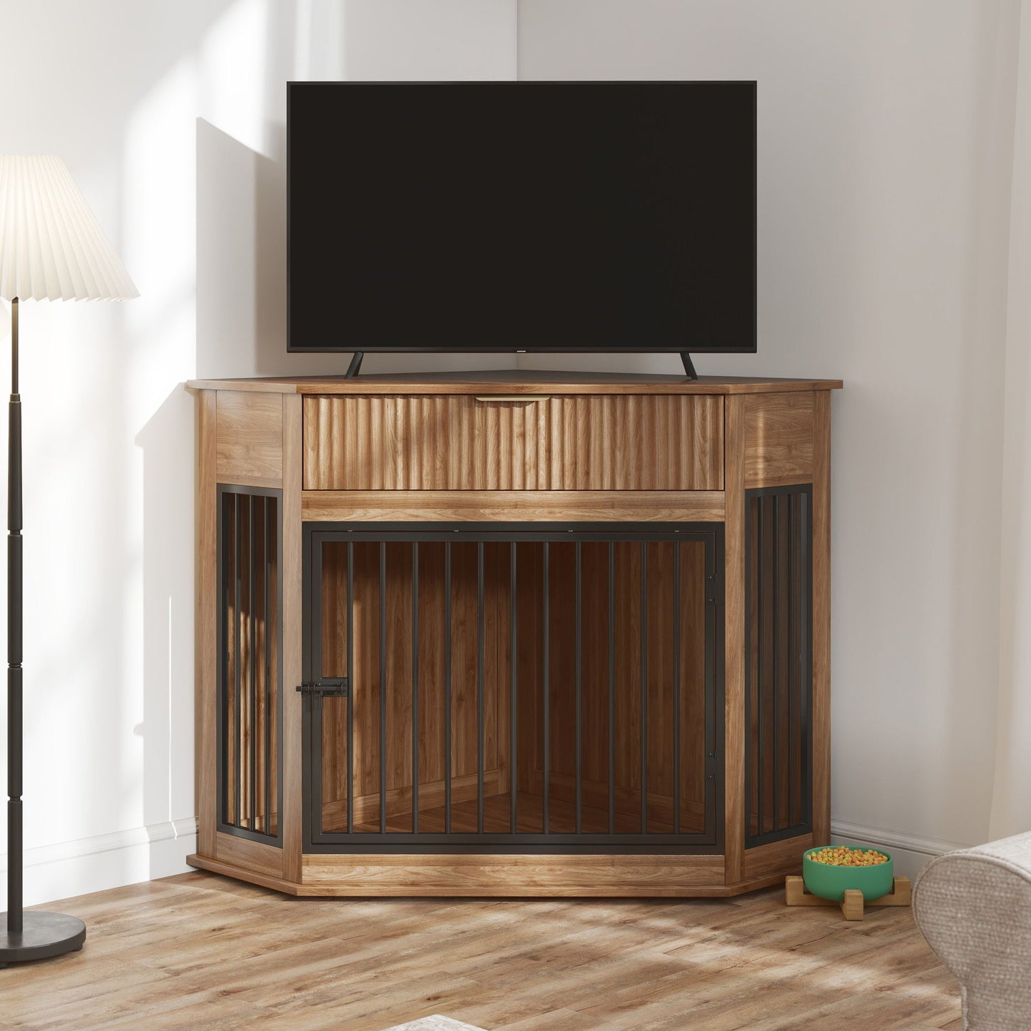 Corner Dog Crate by HouseOfZazla in warm wood with black metal bars, fits corner space on Tampa Home & Garden Store