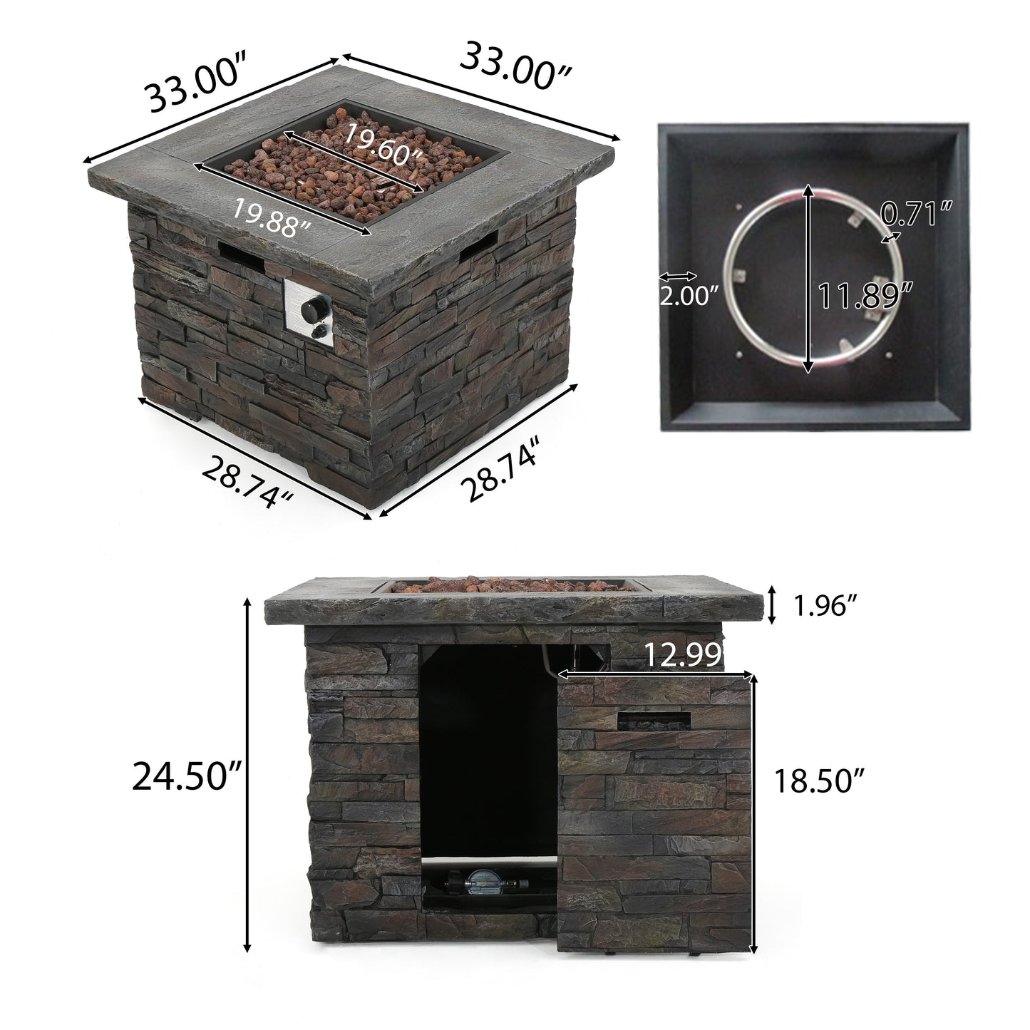 33x33 inch square MGO fire pit by HouseOfZazla, stone veneer, 40,000 BTU gas burner on Tampa Home & Garden Store