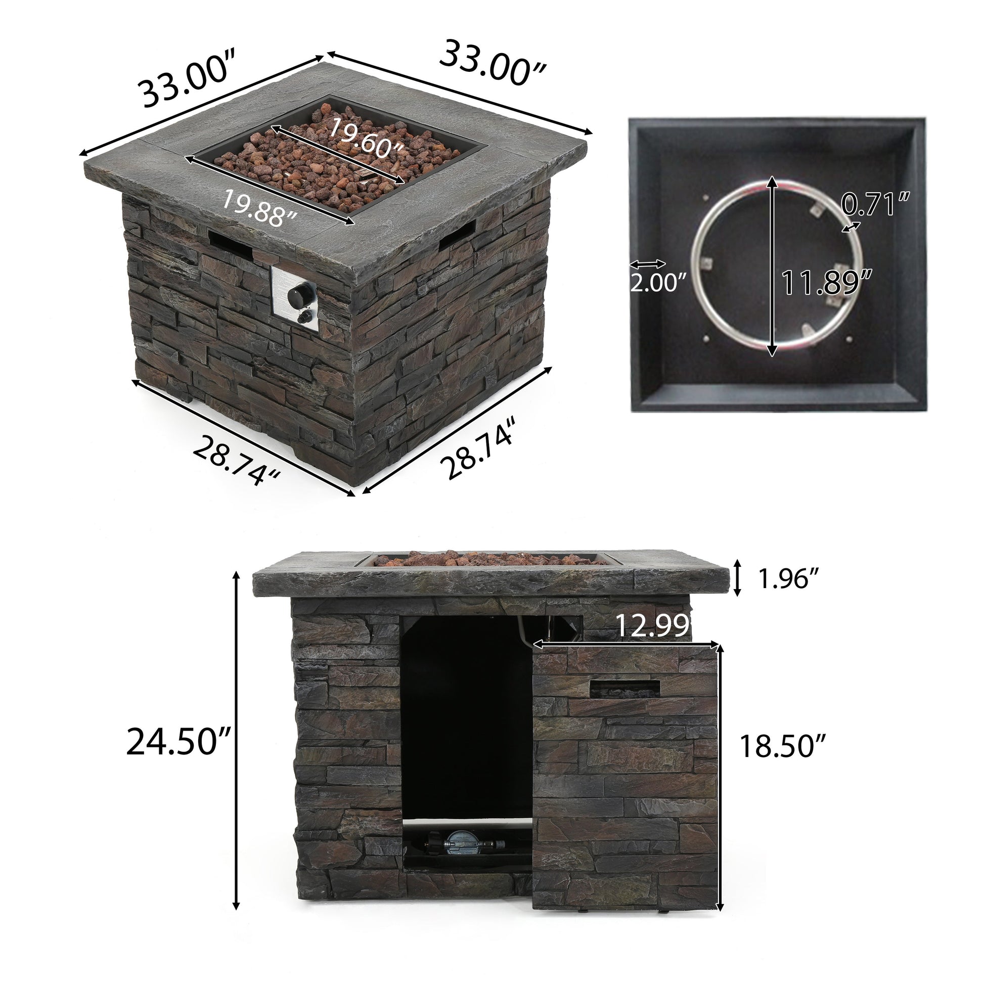 33x33 inch square MGO fire pit by HouseOfZazla, stone veneer, 40,000 BTU gas burner on Tampa Home & Garden Store