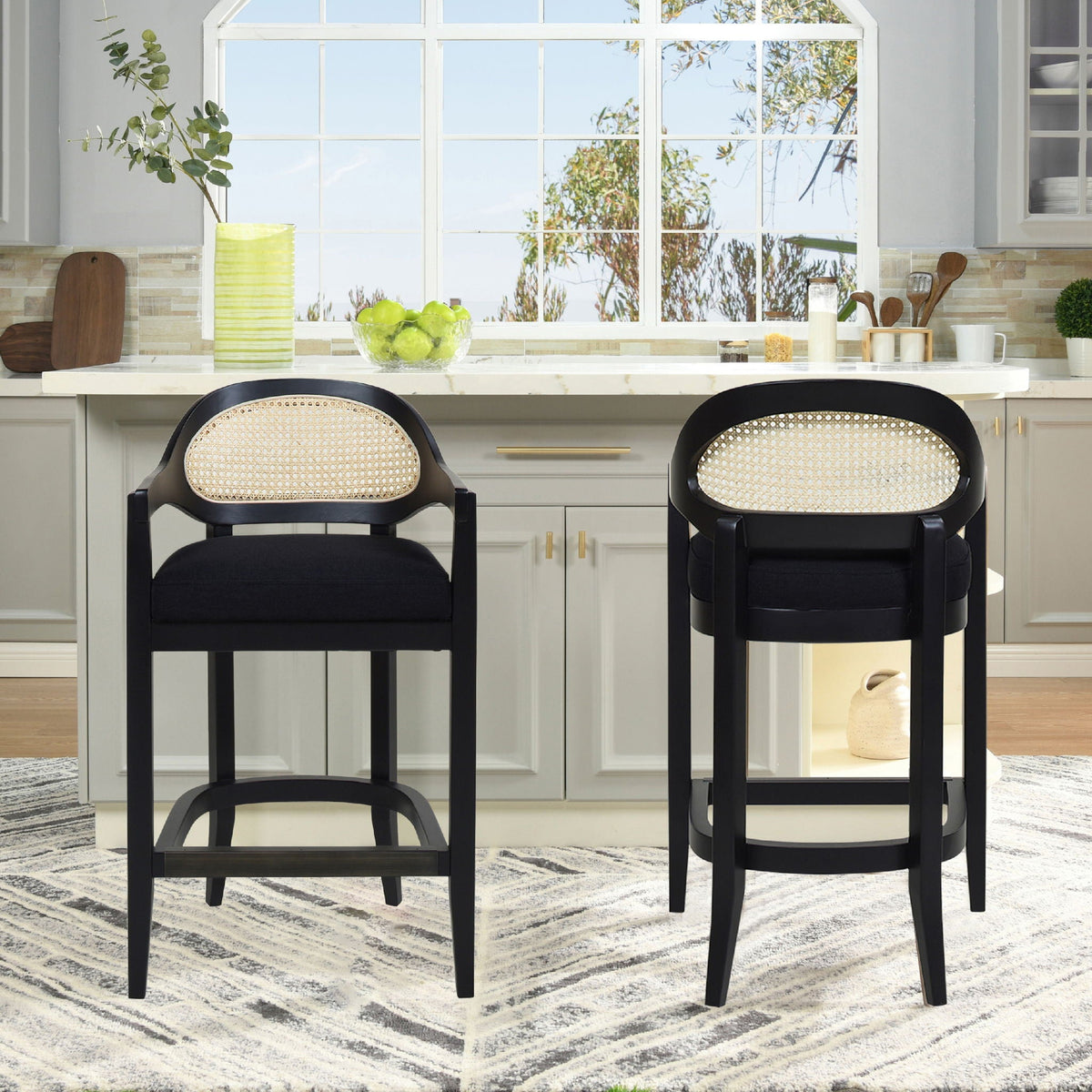 Pair of HouseOfZazla cane-back counter stools with black frames, 24–27 in on Tampa Home & Garden Store
