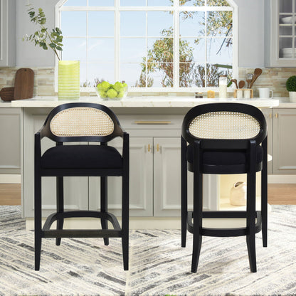 Pair of HouseOfZazla cane-back counter stools with black frames, 24–27 in on Tampa Home & Garden Store