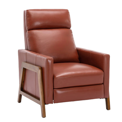 Richland push-back recliner chair in brown leather with wooden legs on Tampa Home & Garden Store