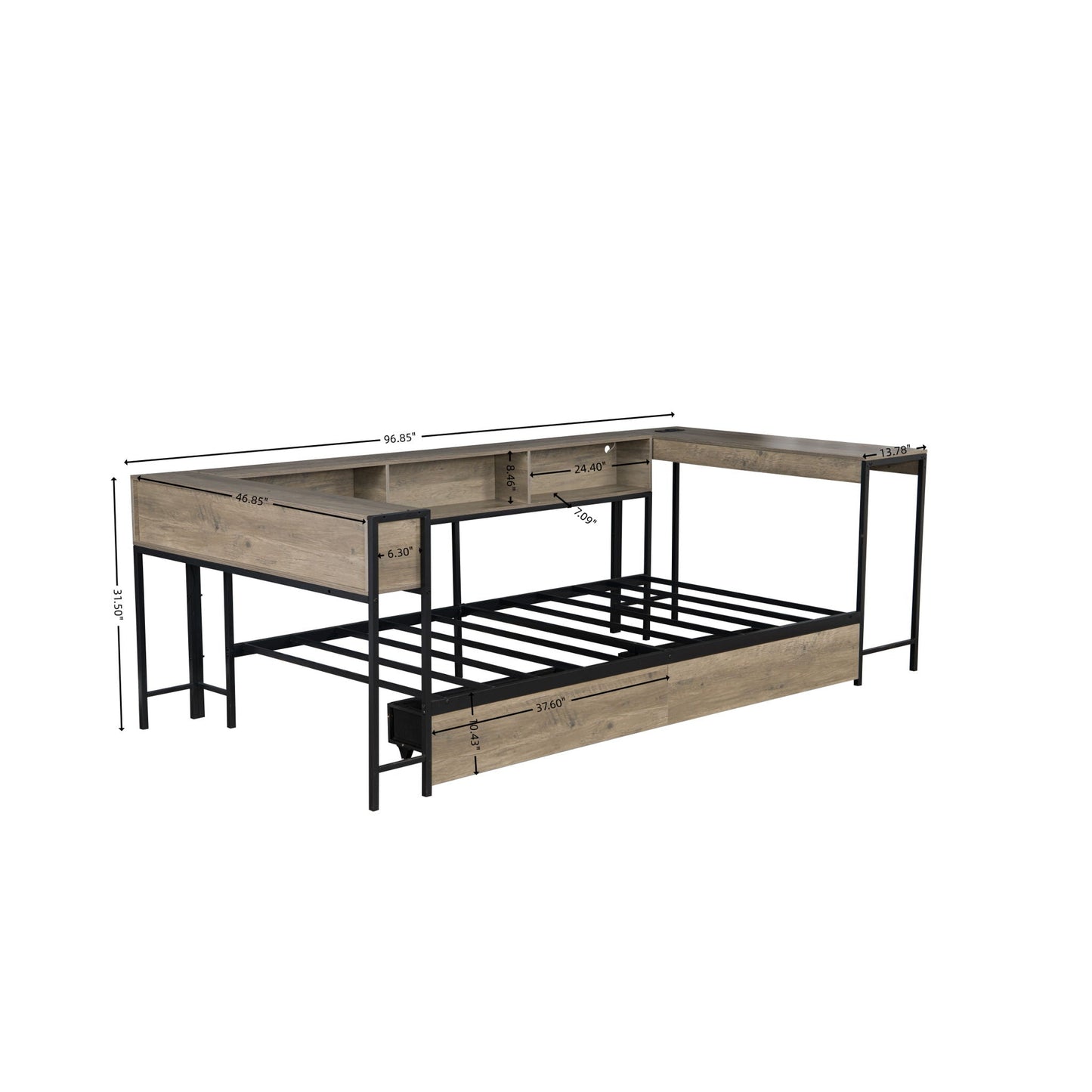 Corner twin bed frame with bookcase and 2 underbed drawers in gray wood and black metal frame on Tampa Home & Garden Store