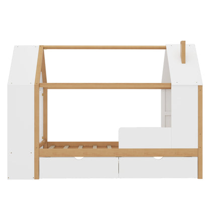 Twin size house-style platform bed frame in natural wood with white side panels and built-in drawers on Tampa Home & Garden Store