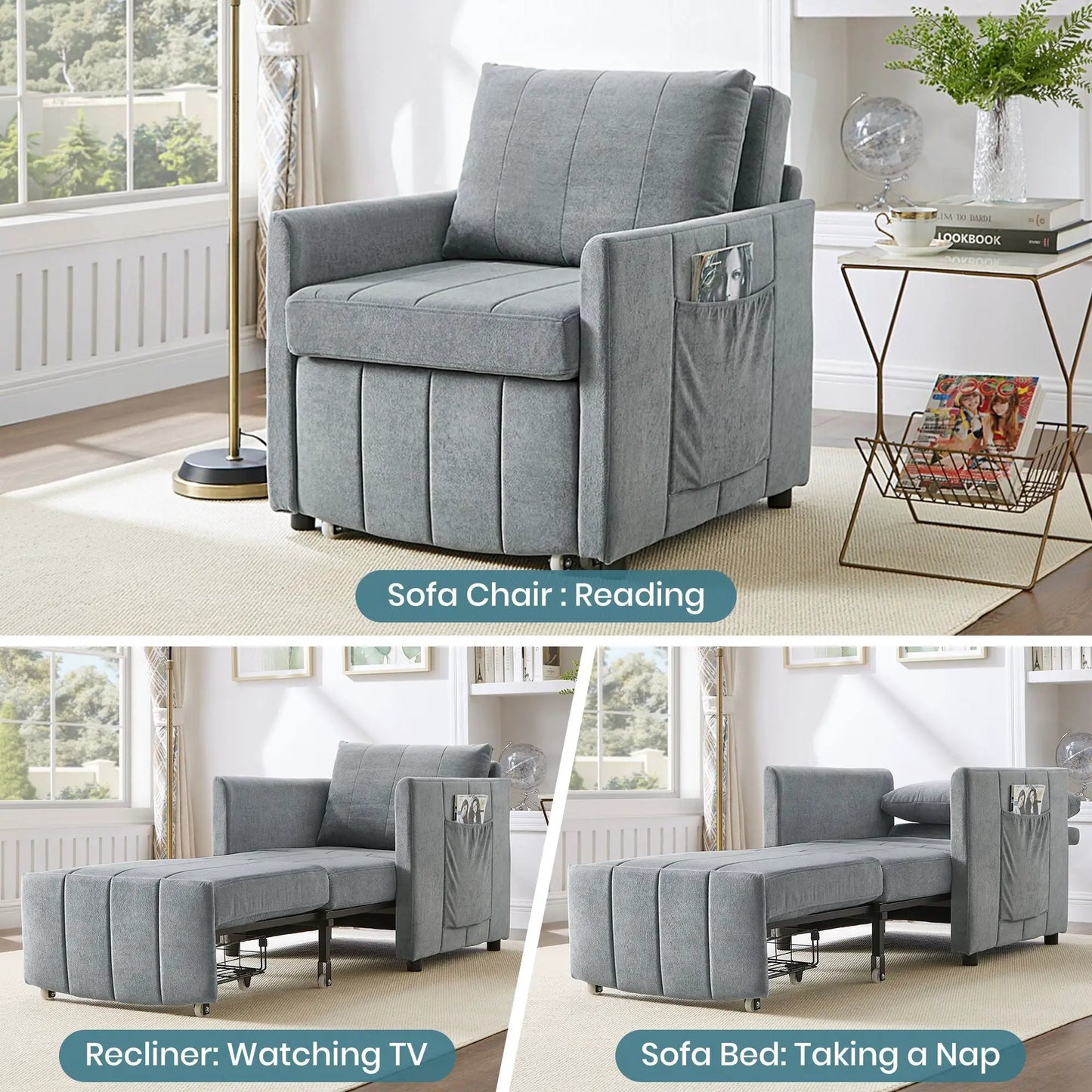 Upholstered sleeper futon chair in grey fabric with 5-position backrest and side pocket storage on Tampa Home & Garden Store