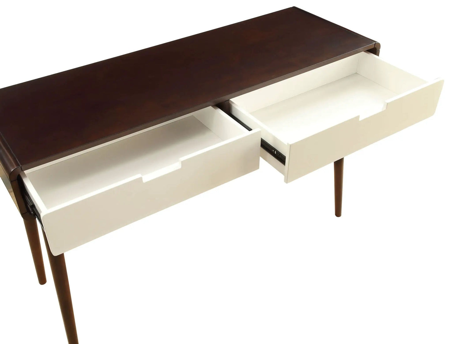 Christa sofa table with espresso wood top and white body, two large drawers on Tampa Home & Garden Store