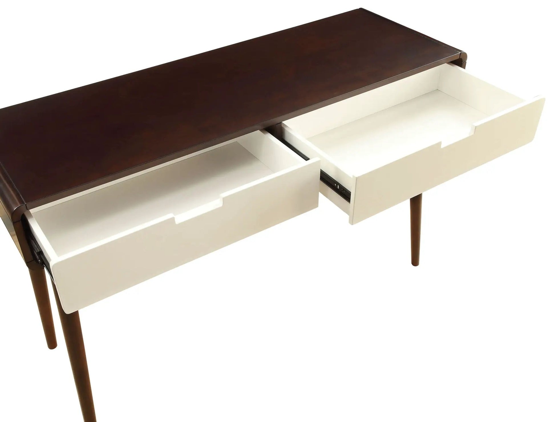 Christa sofa table with espresso wood top and white body, two large drawers on Tampa Home & Garden Store