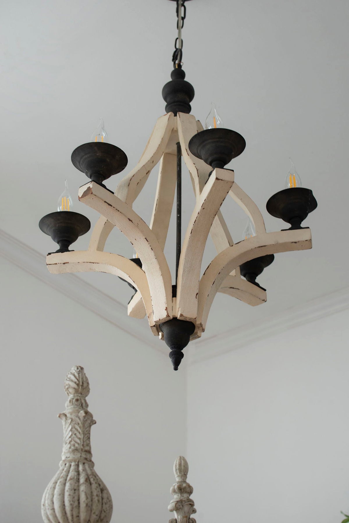 6-light cream wood chandelier with curved arms and black metal cups adjustable chain HouseOfZazla on Tampa Home & Garden Store