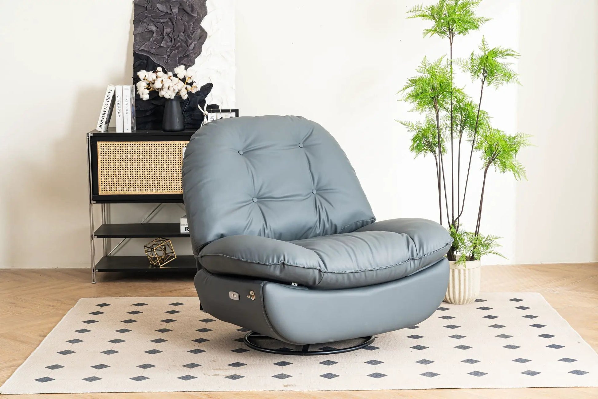 Power recliner swivel glider chair in blue-gray leather with tufted cushions and USB charger on Tampa Home & Garden Store