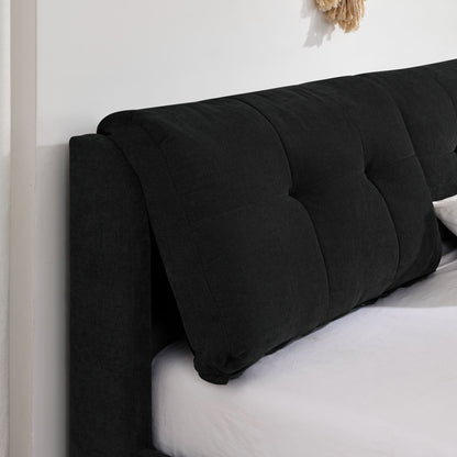 Storage hydraulic platform bed with integrated headboard, black tufted fabric side view on Tampa Home & Garden Store