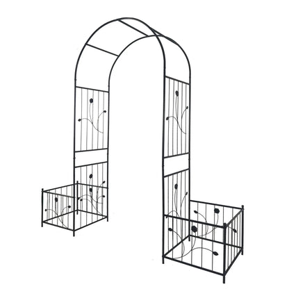 Metal garden arch with two plant stands in black finish for climbing roses on Tampa Home & Garden Store