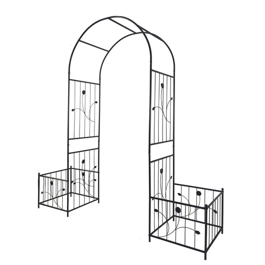 Metal garden arch with two plant stands in black finish for climbing roses on Tampa Home & Garden Store