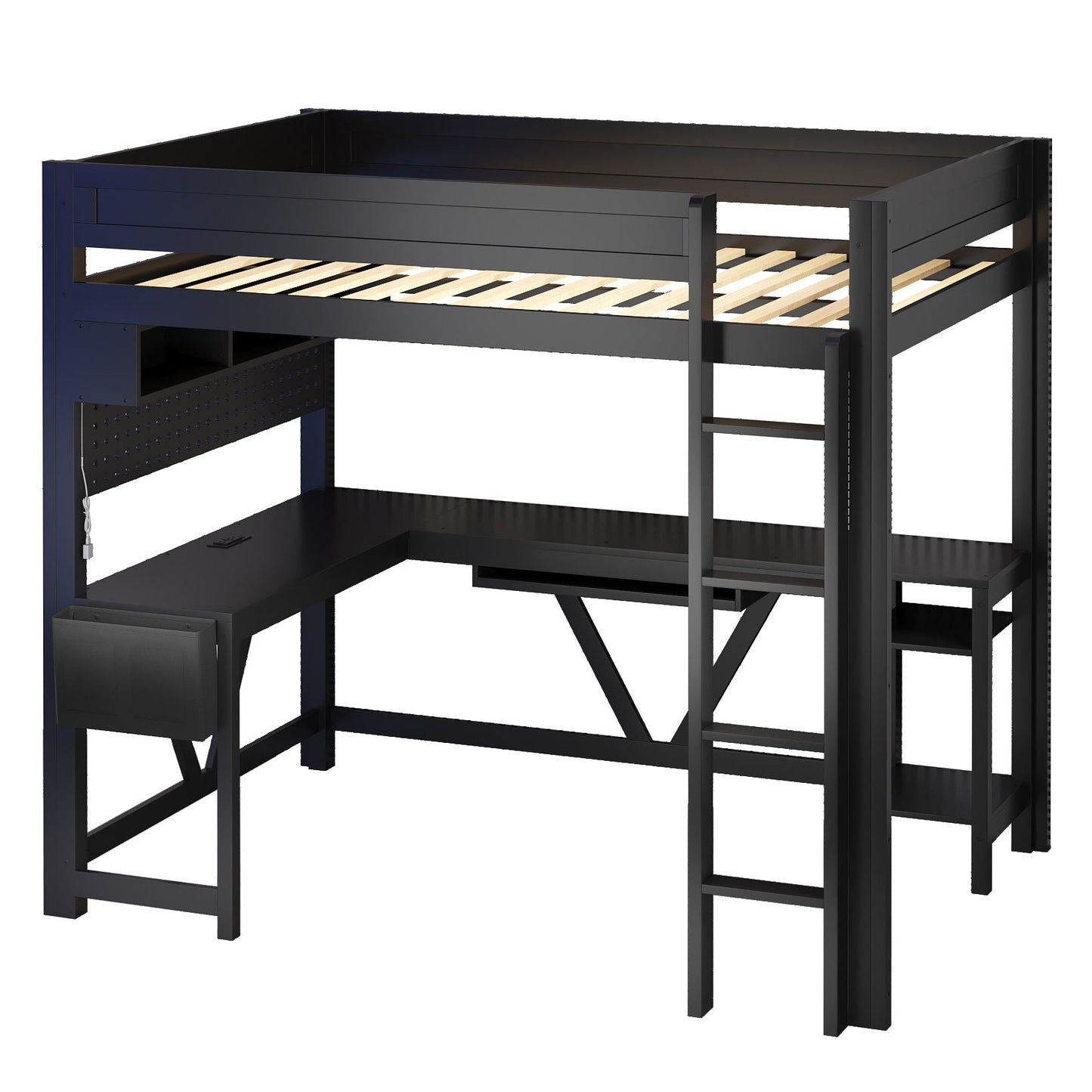 Gaming loft bed with built-in desk and pegboard storage in dark metal frame on Tampa Home & Garden Store