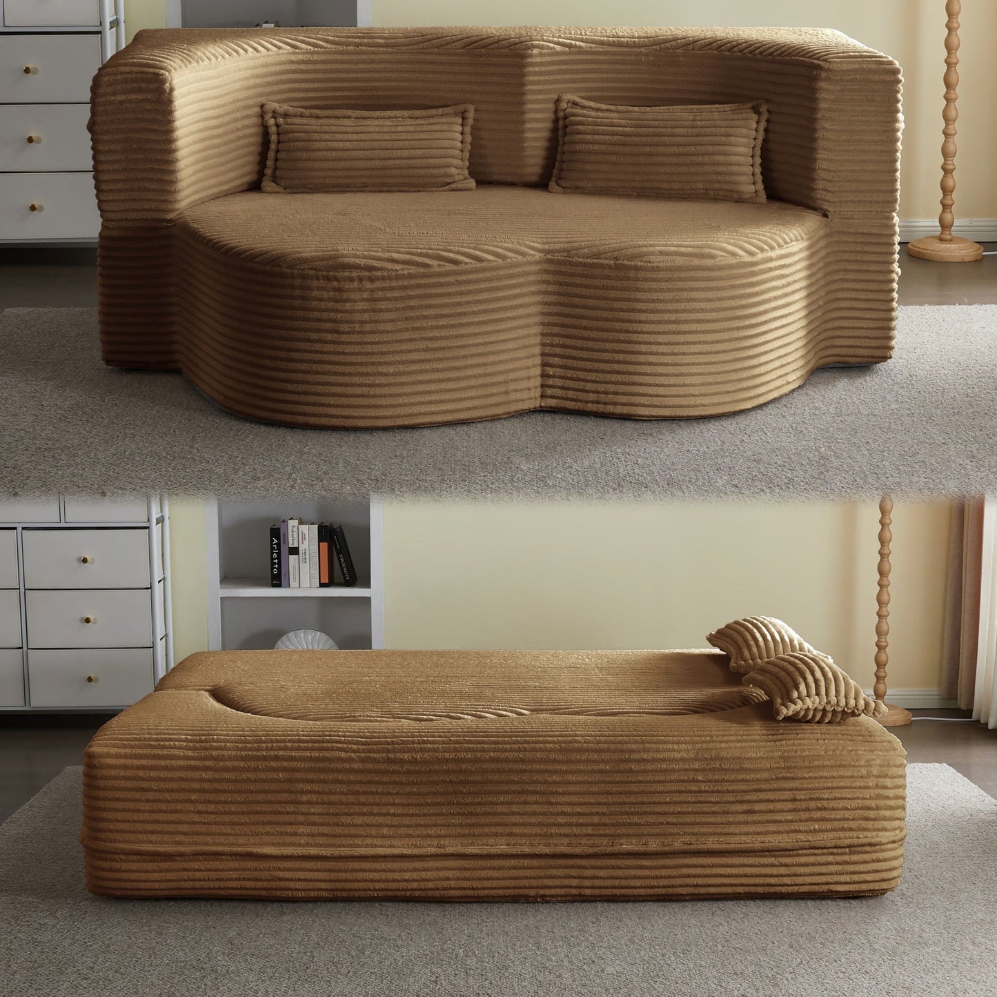 Floor Convertible Sleeper Sofa Bed in beige corduroy with 2 pillows on Tampa Home & Garden Store