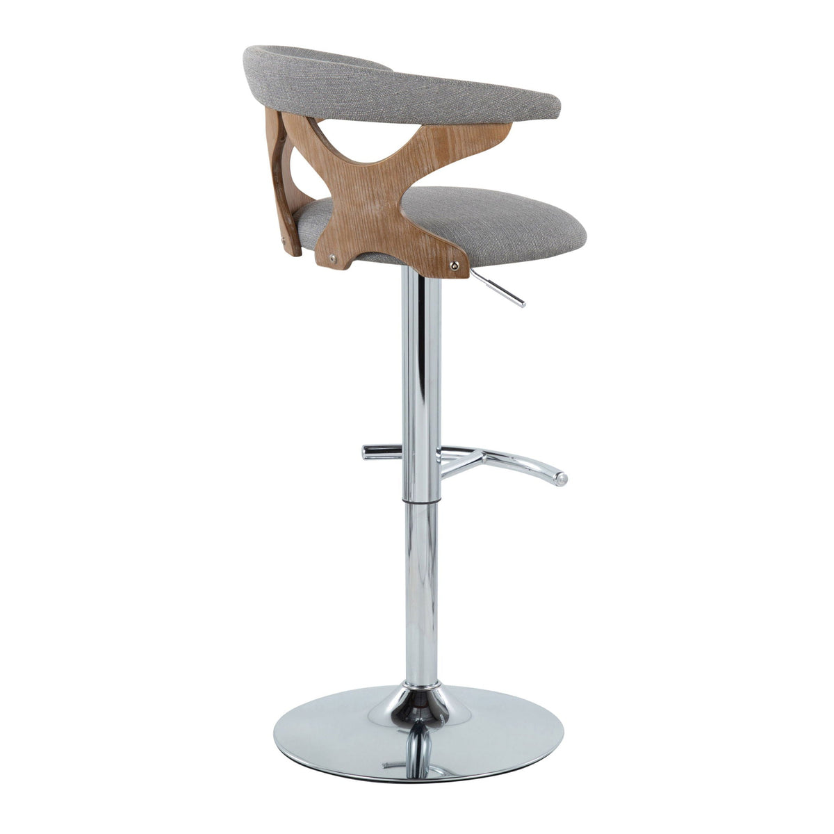 Contemporary adjustable barstool with swivel, gray fabric cushion and curved wood frame, chrome base on Tampa Home & Garden Store
