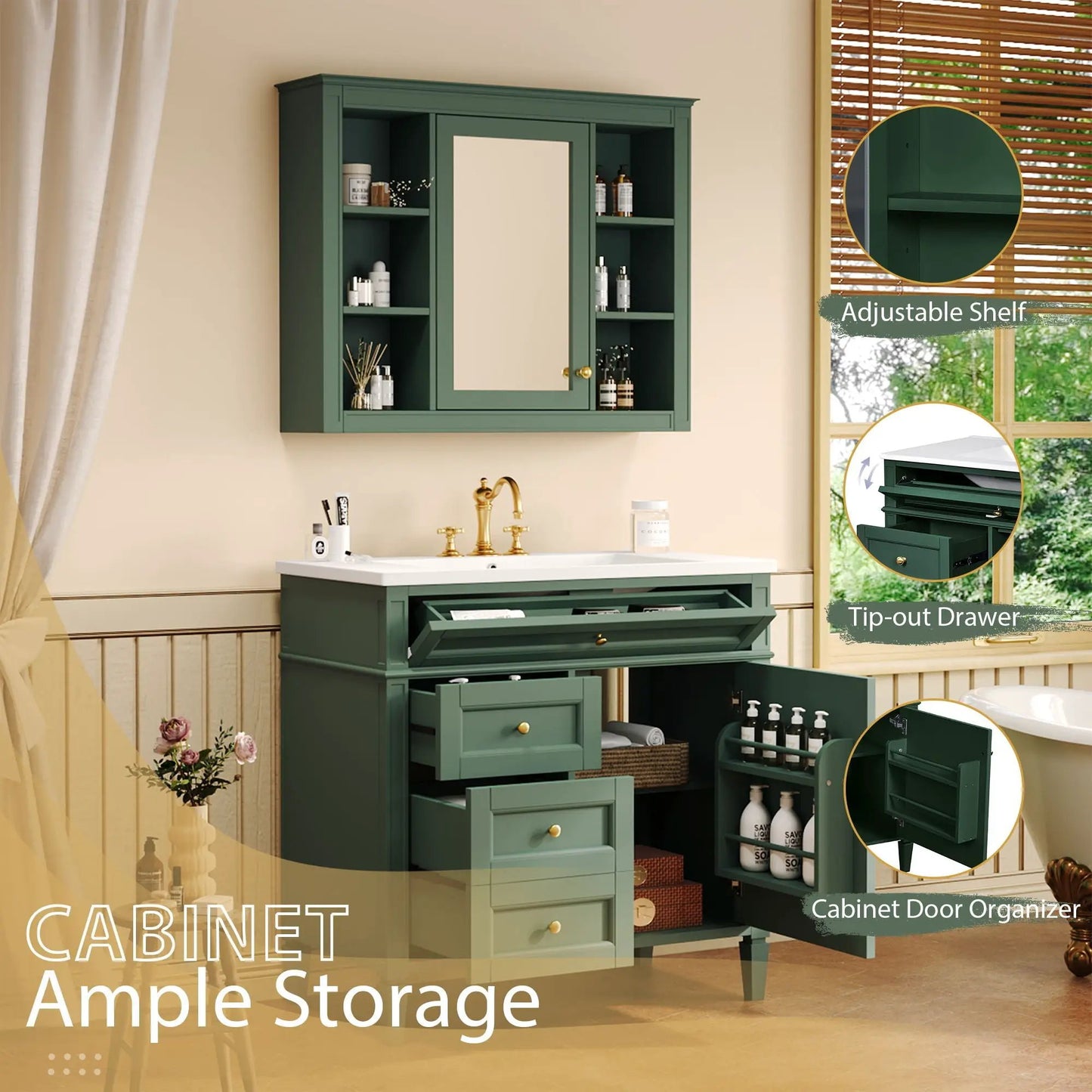 Bathroom vanity with mirror cabinet, green finish, single sink, 2 soft-close doors and 4 drawers on Tampa Home & Garden Store