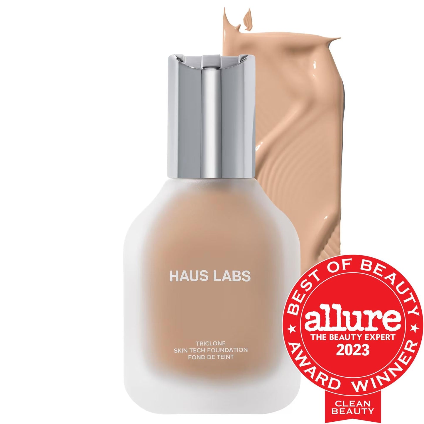 Triclone Skin Tech Foundation bottle beige with silver cap Haus Labs Allure badge on Tampa Home & Garden Store