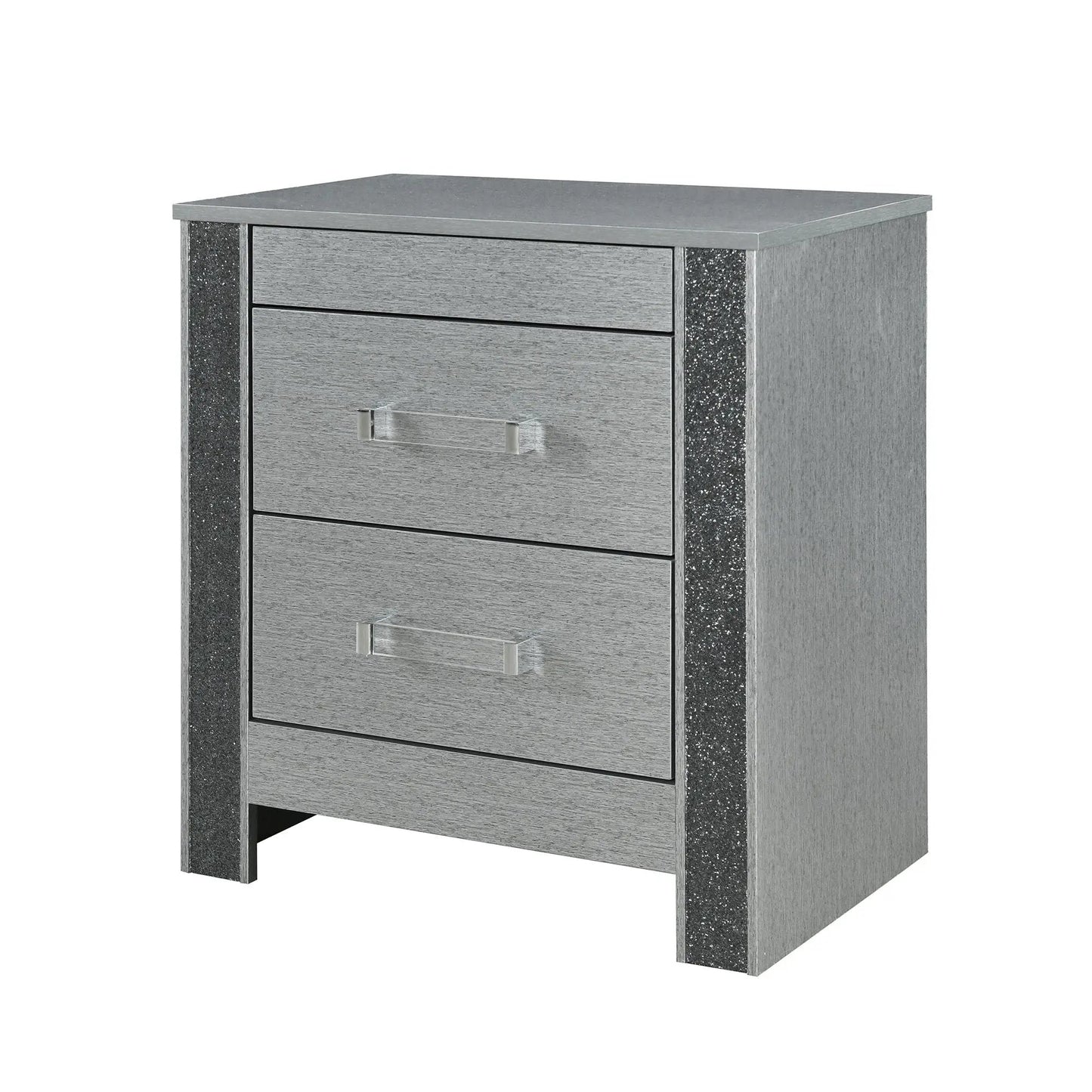 Lorenzo silver accent nightstand by Unique Piece Furniture with hidden compartment and handles on Tampa Home & Garden Store