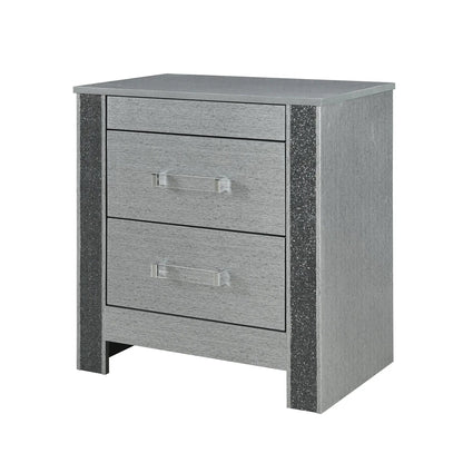Lorenzo silver accent nightstand by Unique Piece Furniture with hidden compartment and handles on Tampa Home & Garden Store