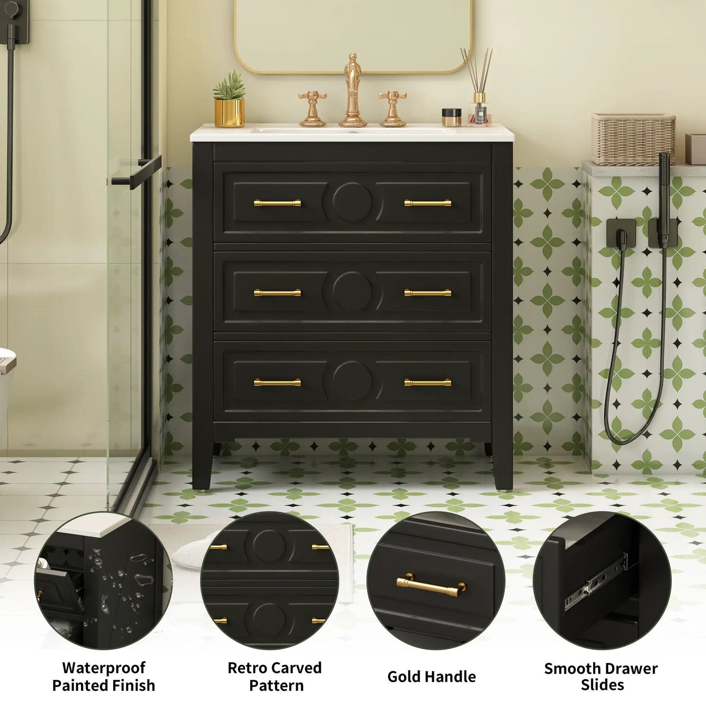 Retro vanity with sink, black freestanding cabinet, white top, 3-drawer with gold handles on Tampa Home & Garden Store