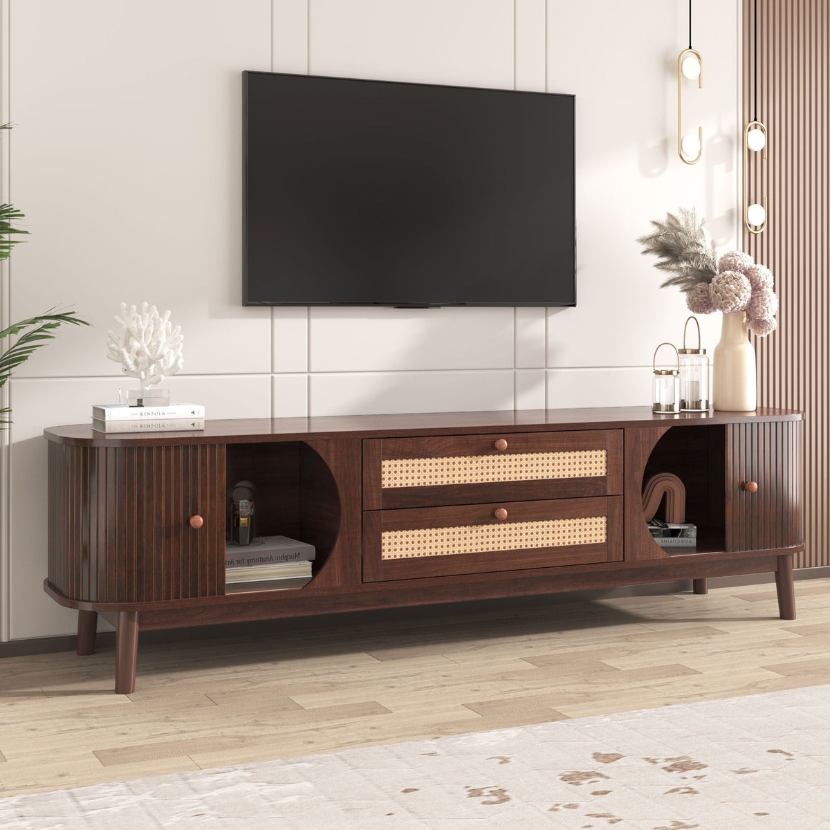 TV stand for TVs up to 75 in with drawers and sliding doors in natural wood by HouseOfZazla on Tampa Home & Garden Store