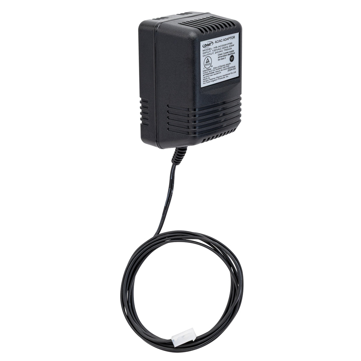 Orbit Irrigation 24V 750mA transformer for indoor sprinkler controllers, black AC adapter on Tampa Home & Garden Store