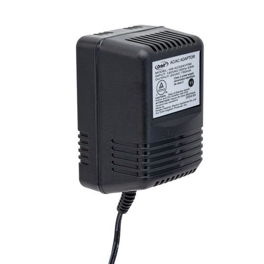Orbit 24V 750mA AC transformer for indoor sprinkler controllers, black vented housing on Tampa Home & Garden Store