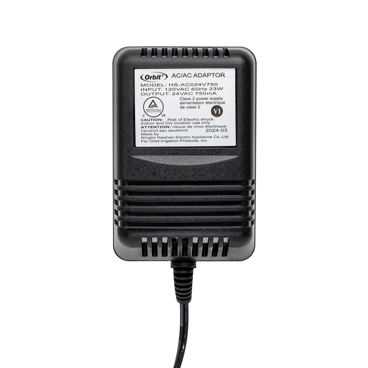 Orbit Irrigation 24V 750mA transformer for indoor sprinkler controllers, black AC adapter on Tampa Home & Garden Store