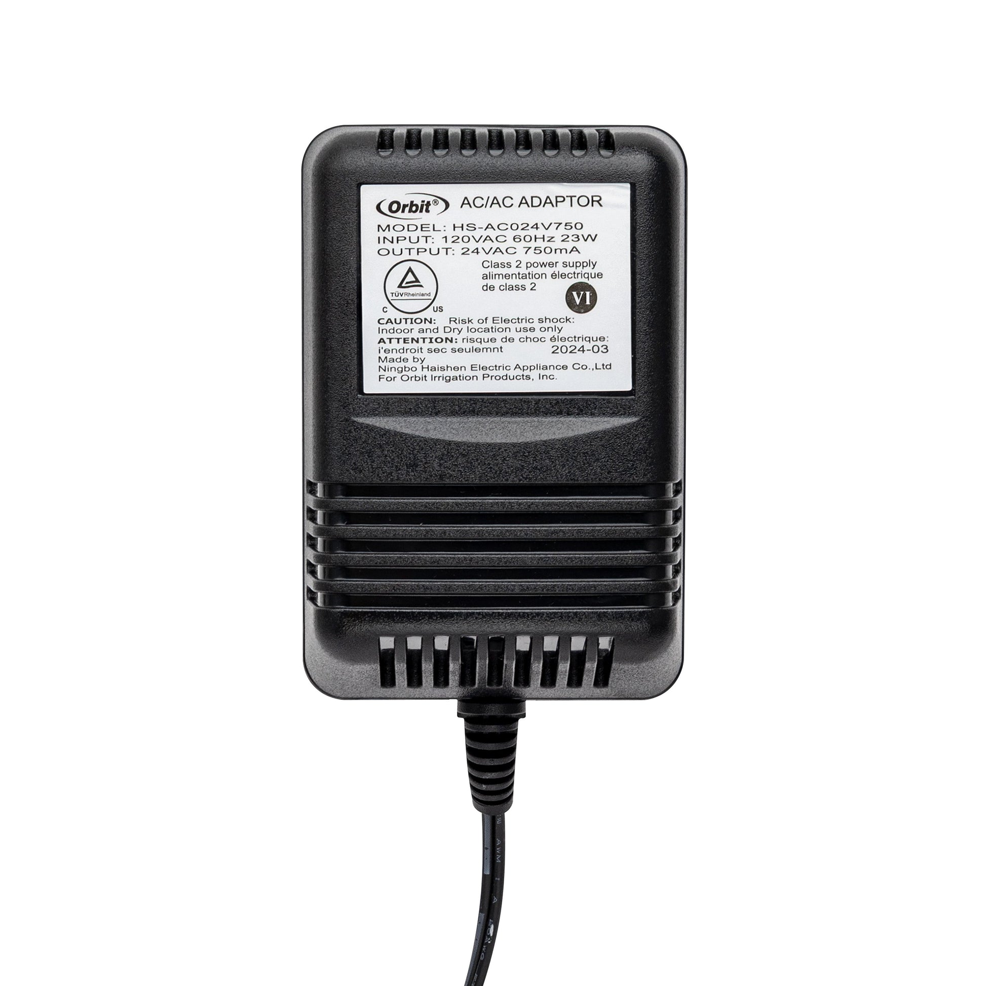 Orbit Irrigation 24V 750mA transformer for indoor sprinkler controllers, black AC adapter on Tampa Home & Garden Store