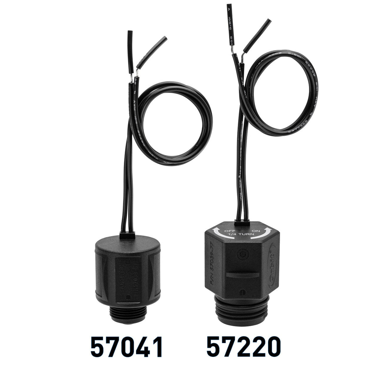 Orbit 24V sprinkler valve solenoids two, plastic housings with wires, models 57041 & 57220 on Tampa Home & Garden Store