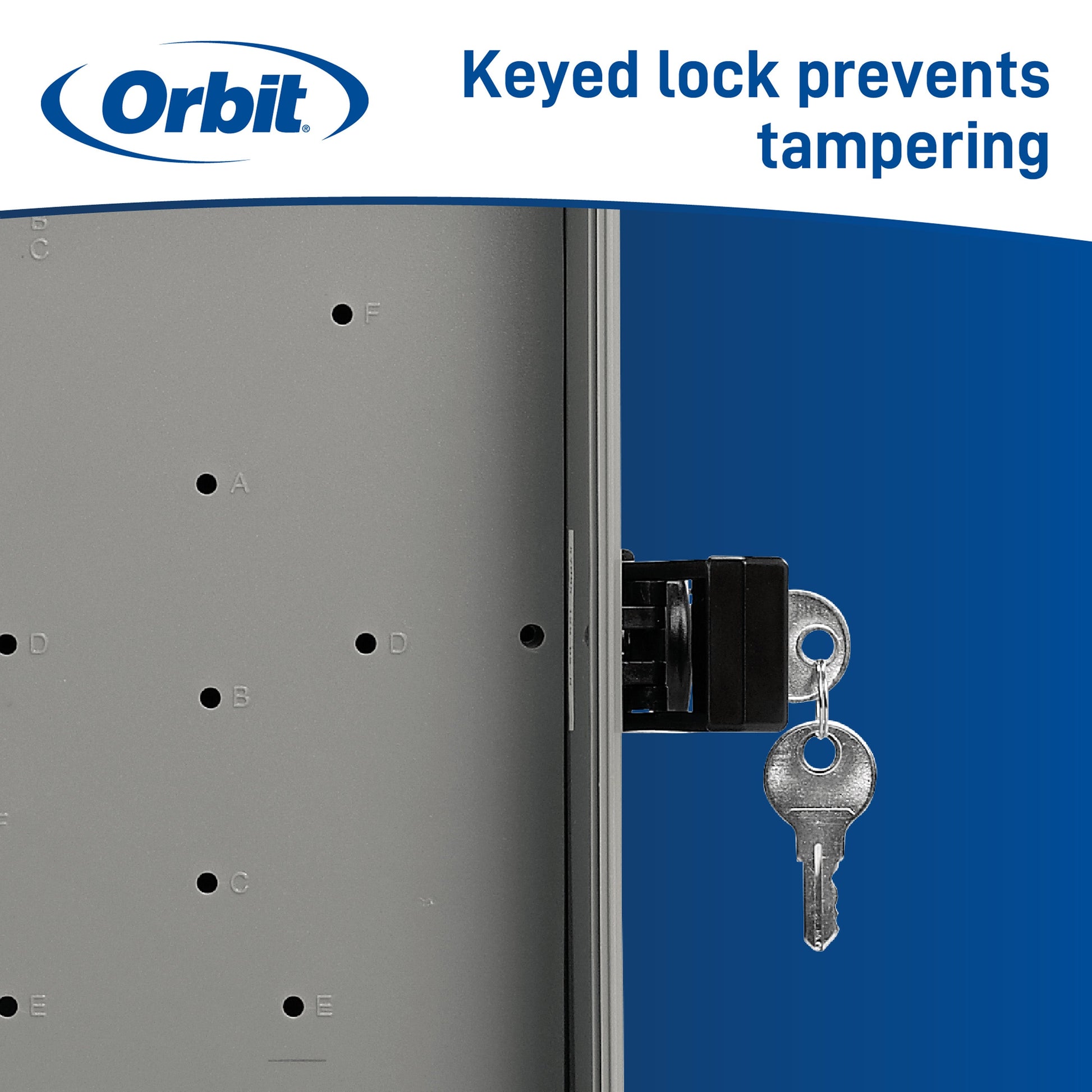 Orbit Irrigation outdoor sprinkler controller cabinet gray with GFCI 57095, keyed lock on Tampa Home & Garden Store