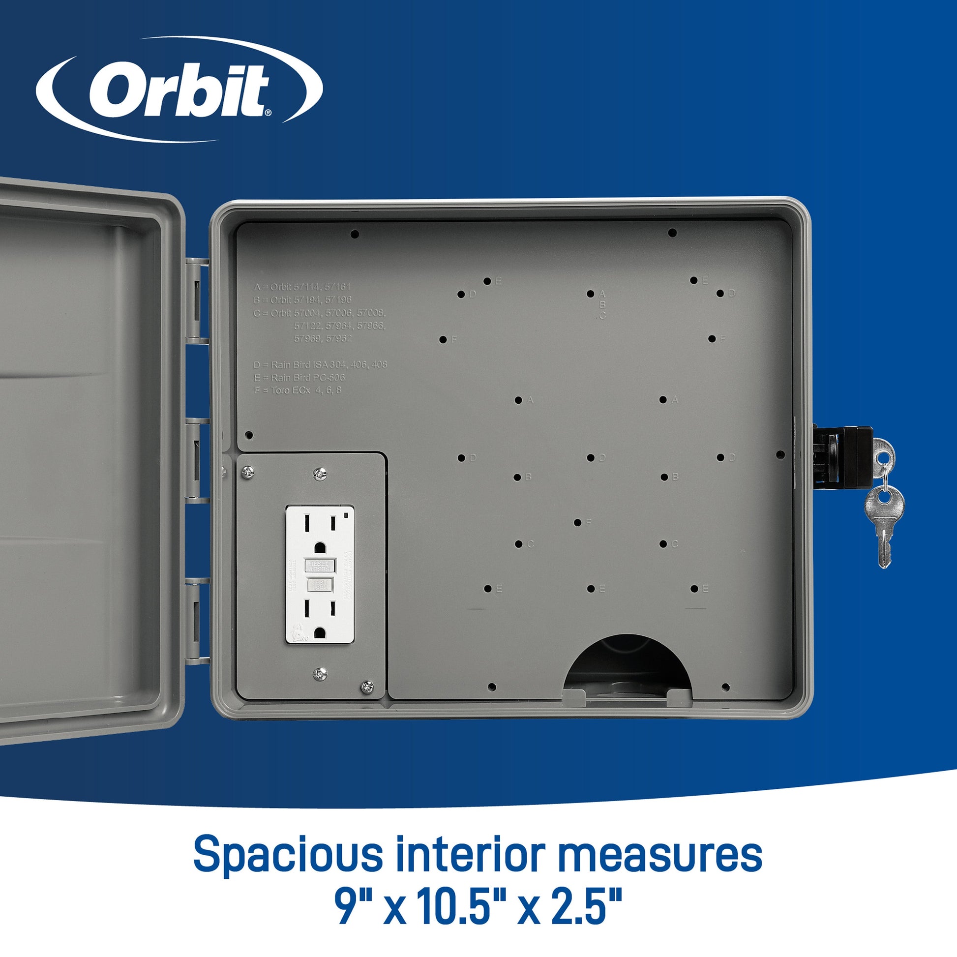 Outdoor sprinkler controller cabinet with GFCI by Orbit Irrigation, gray metal enclosure on Tampa Home & Garden Store