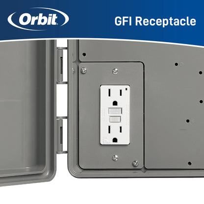 Outdoor sprinkler controller cabinet with GFCI receptacle, metal enclosure, Orbit Irrigation on Tampa Home & Garden Store