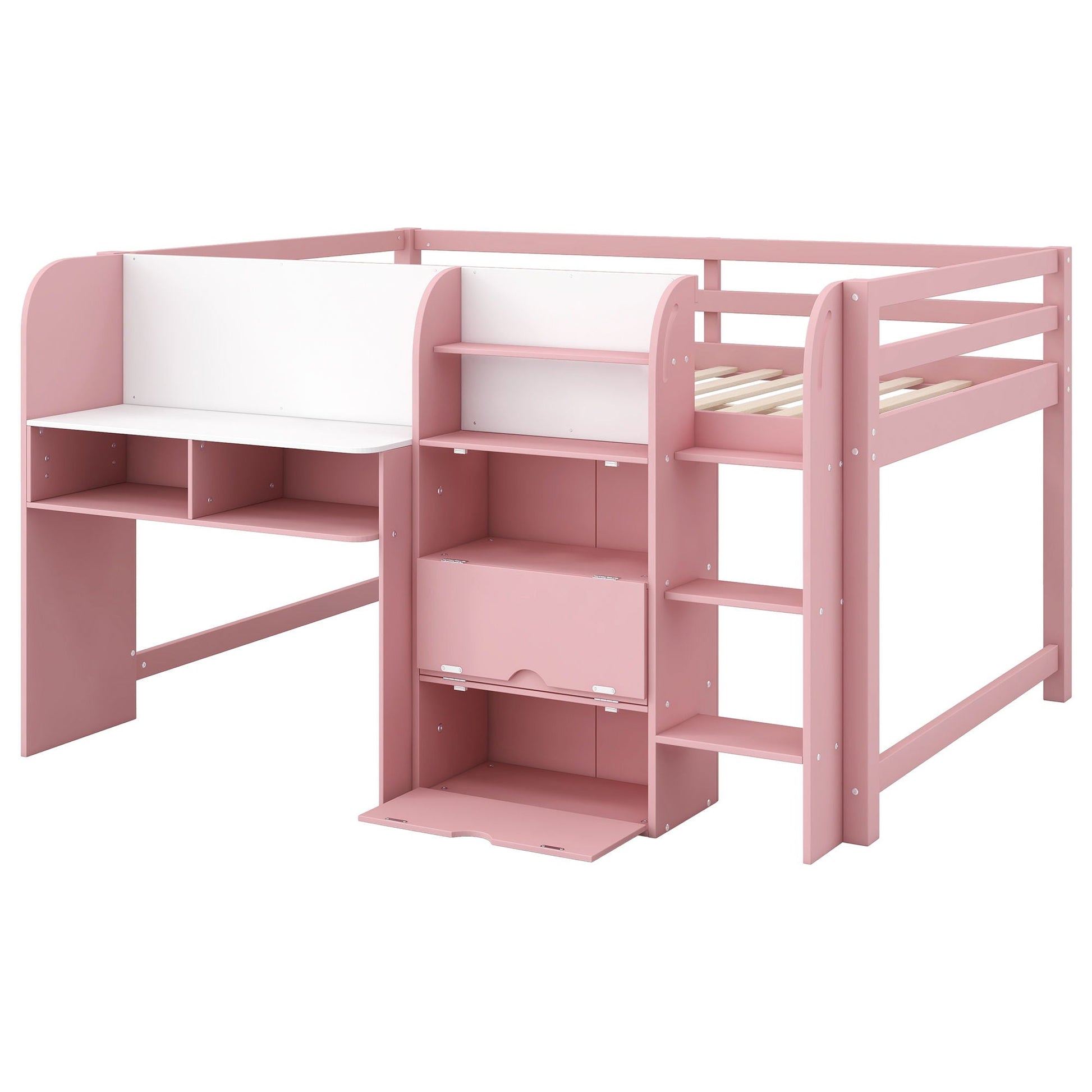 Low Loft Bed With Built In Desk, storage cabinets, open bookcase and doodle board in pink on Tampa Home & Garden Store