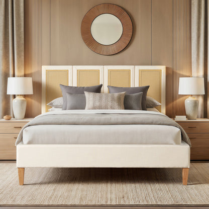 Toscana Queen Upholstered Cane Back Platform Bed by HouseOfZazla in light beige fabric on Tampa Home & Garden Store