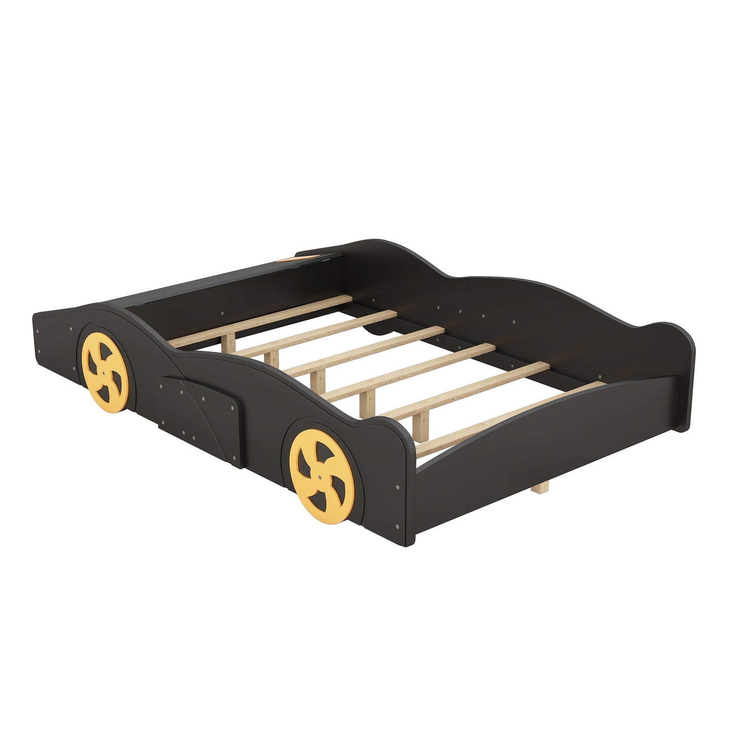 Race car shaped platform bed with wheels and storage, black frame, yellow wheel accents on Tampa Home & Garden Store