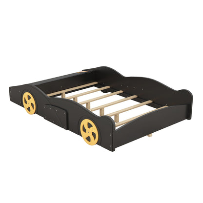Race car shaped platform bed with wheels and storage, black frame, yellow wheel accents on Tampa Home & Garden Store