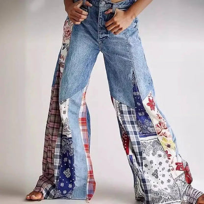 FLIPSTYLEZLLC retro denim patchwork wide-leg jeans, high-waist button fly, multicolor panels on Tampa Home & Garden Store