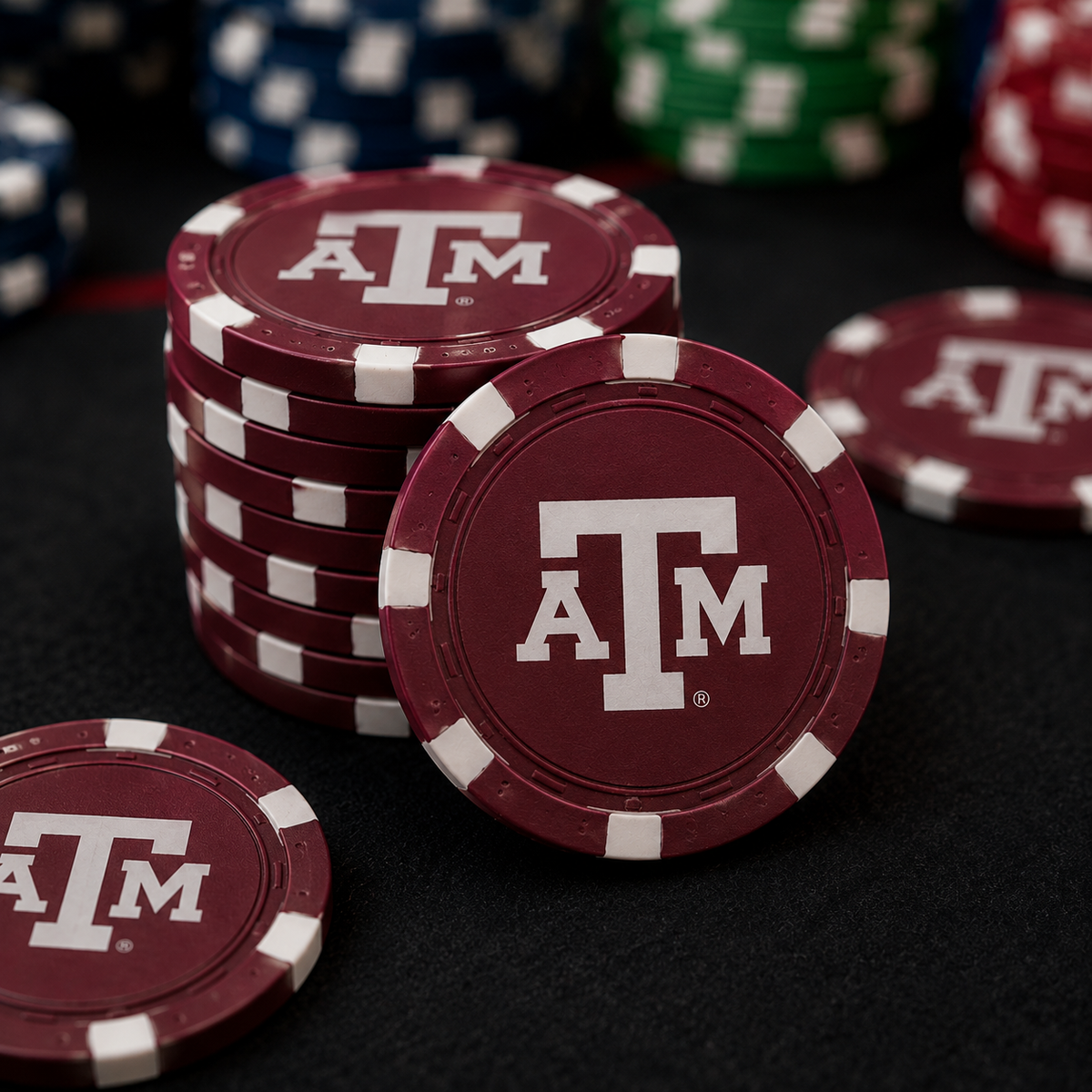 Officially Licensed Texas A&M University 100-Chip Poker Set maroon chips with white edges featuring TAMU logo on Tampa Home & Garden Store