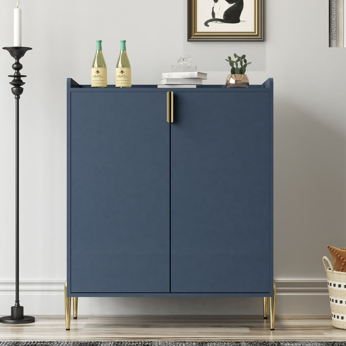 Wine bar cabinet by HouseOfZazla in deep blue with 2 wine bottles and soft-close doors on Tampa Home & Garden Store