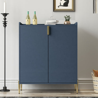 Wine bar cabinet by HouseOfZazla in deep blue with 2 wine bottles and soft-close doors on Tampa Home & Garden Store